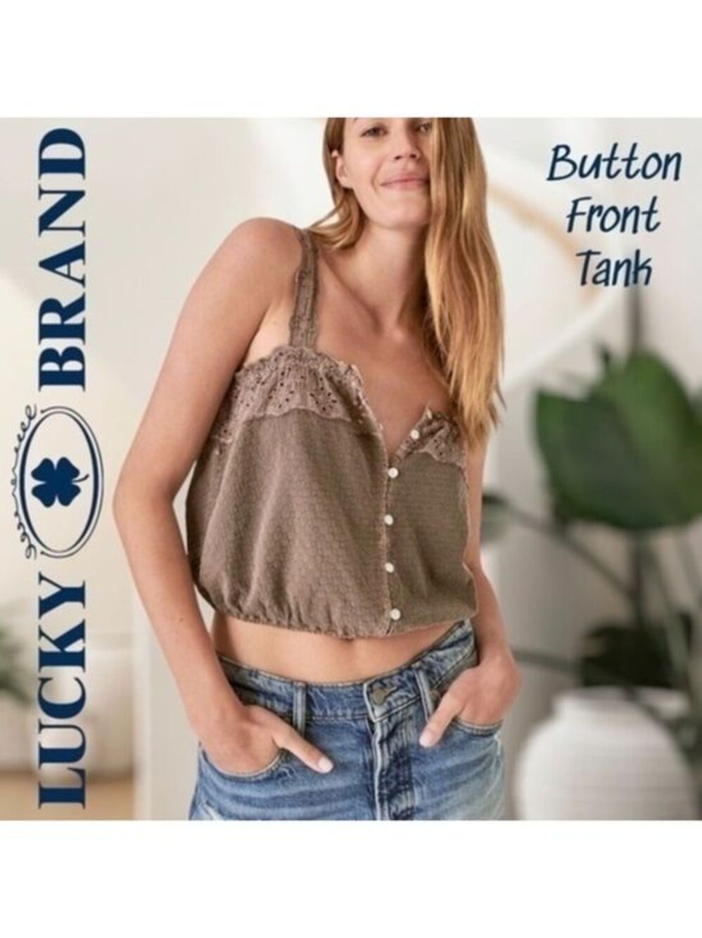 LUCKY BRAND Embroidered Eyelet Button-Front Cotton Tank Top-Taupe/NWT-XL